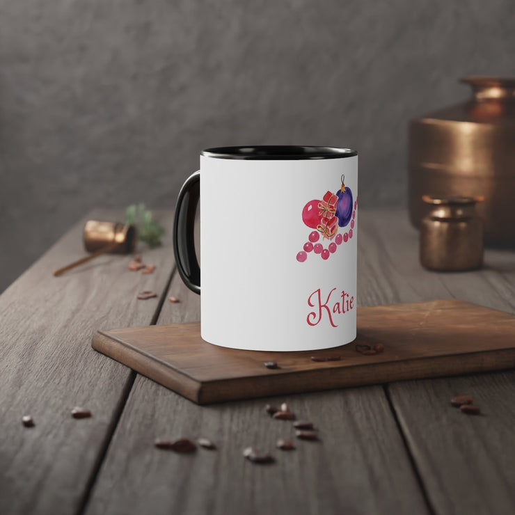 Custom Pink Christmas Mug Personalize with name. Bauble Mug. For Child, adult or first Christmas. Stocking filler or secret Santa