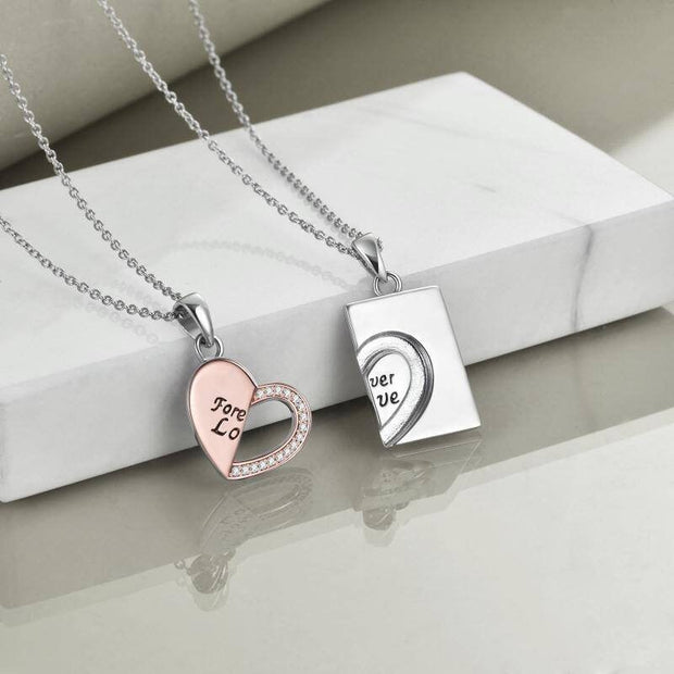 Sterling Silver Couples Matching Necklace Heart Puzzle Pendant Jewlery, His and Hers Pendent Silver Gift Set