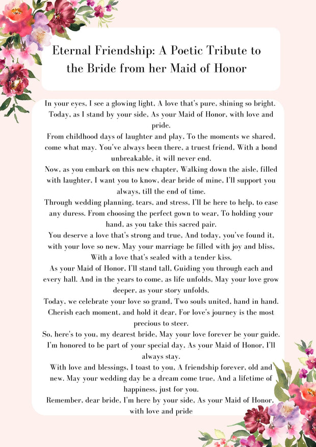 The Ultimate guide: Made of Honor Wedding Speech Template, Made of Honor Wedding Speech examples, Pre-written Maid of Honor Wedding Speech. CE Digital Gift Store
