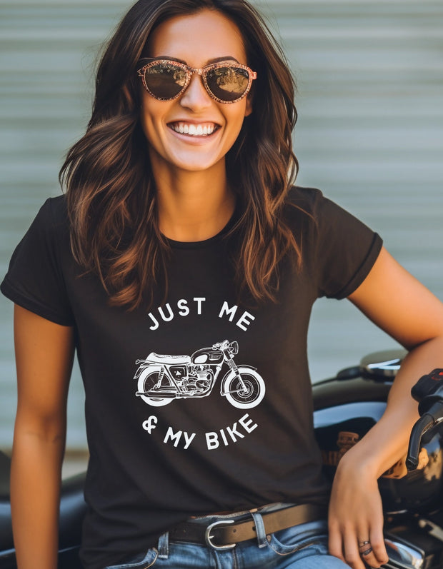 Just Me and My Bike Quote T-Shirts - Motorcycle Shirt for Women, Ladies Biker Tee, Motorcycle Gifts, Motorcycle Tees, Biker Clothing